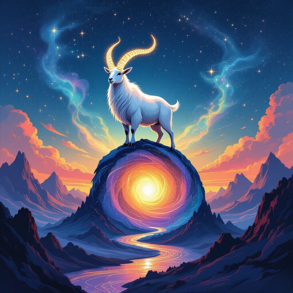 Celestial Goat Crowned With Cosmic Horns Above Zodiac Nebula