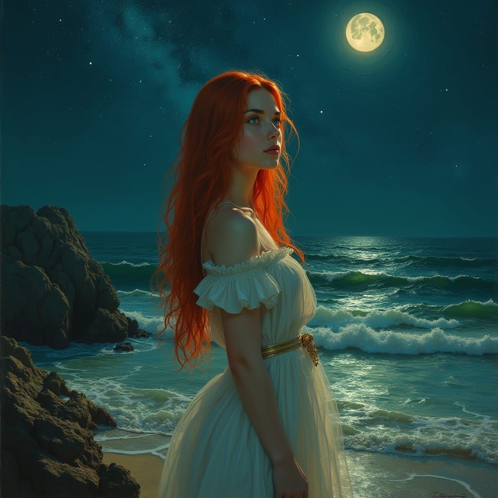 Stunning Realism Portrait of Young Woman with Red Hair Under...