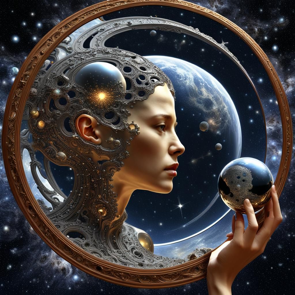 Cosmic Reflection: Woman and Mandelbulb Void