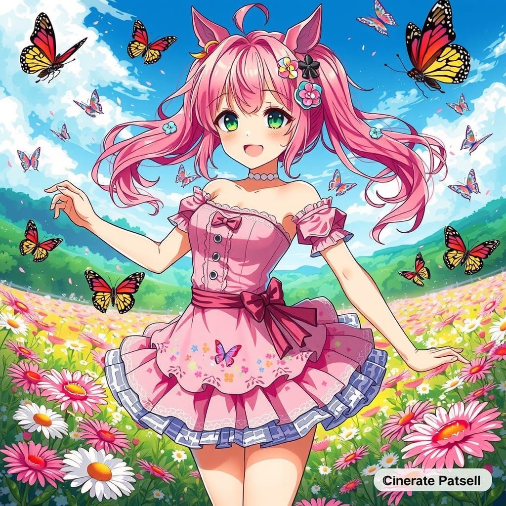 Whimsical Girl Dances in a Vibrant Flower Meadow