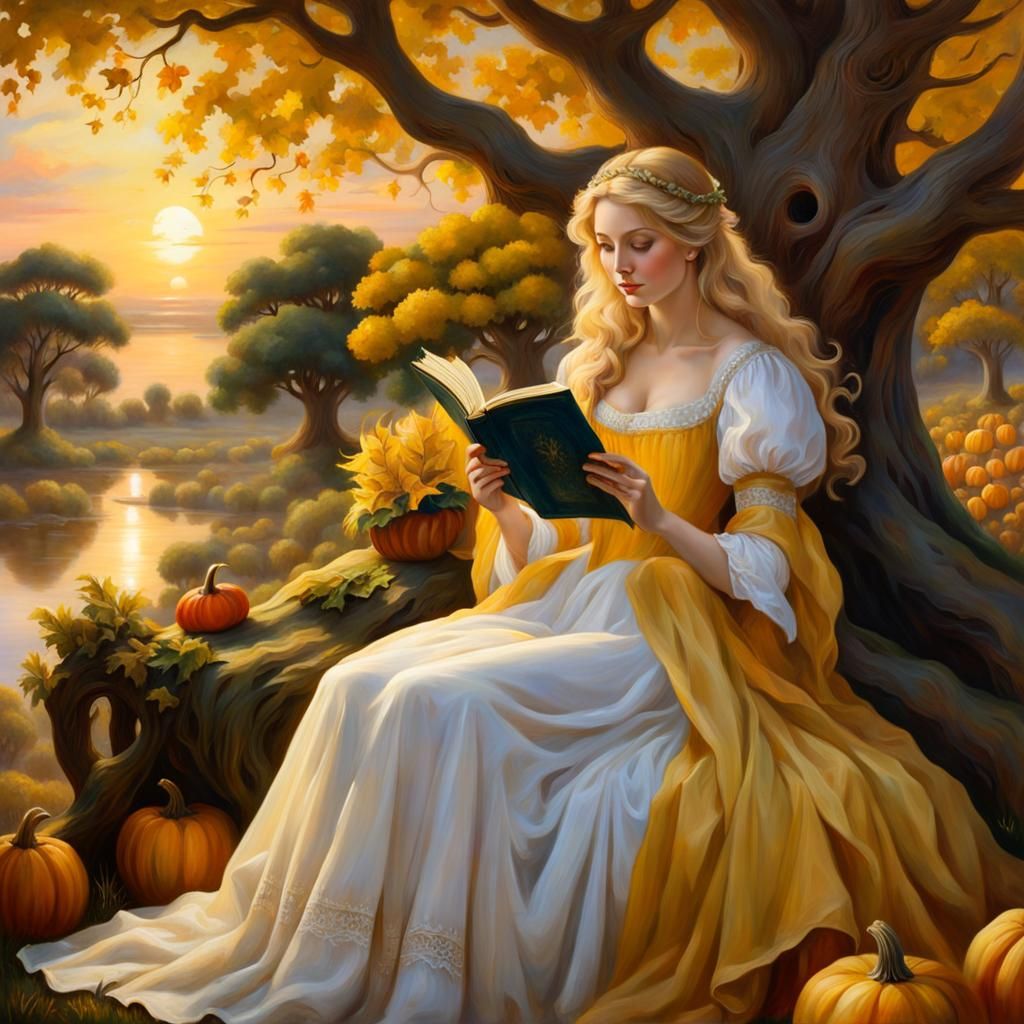 Ethereal Maiden Reading at Sunset: A Fairytale Oil Painting