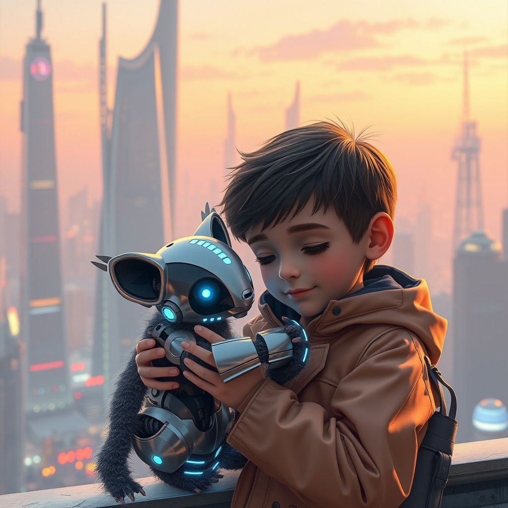 Boy and Robot Cub in Futuristic Cityscape