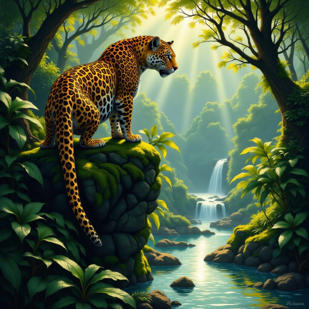 A jaguar standing on a grass ledge looking down into a river...