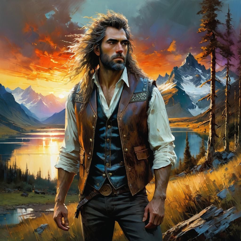 Giant Overlooking Lake at Sunset as Matte Painting