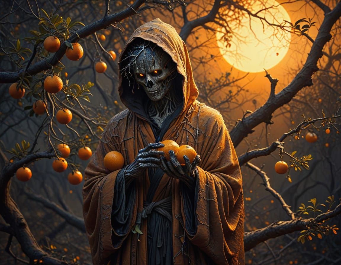 Eerie Figure Holding Oranges in Dark Surrealism