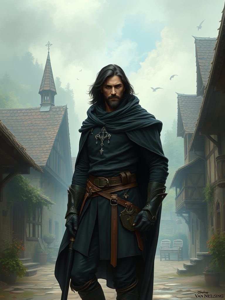 Dashing Medieval Hero in Whimsical Village Scene