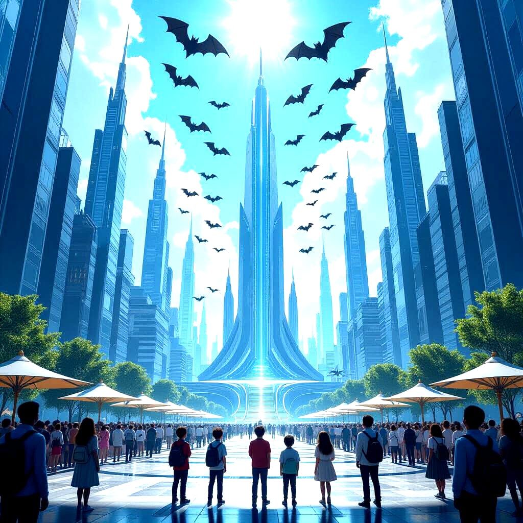 Futuristic City Invaded By Bats With People Watching