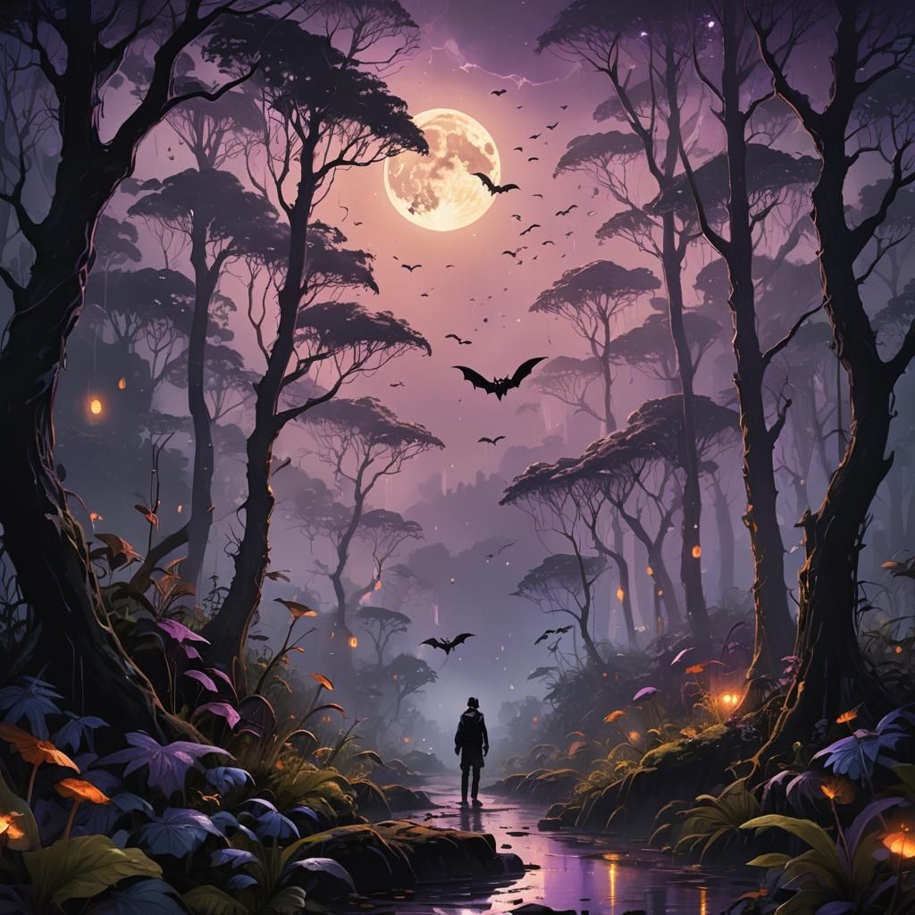 Eerie Dark Fantasy: Lost Figure in Misty Rainforest