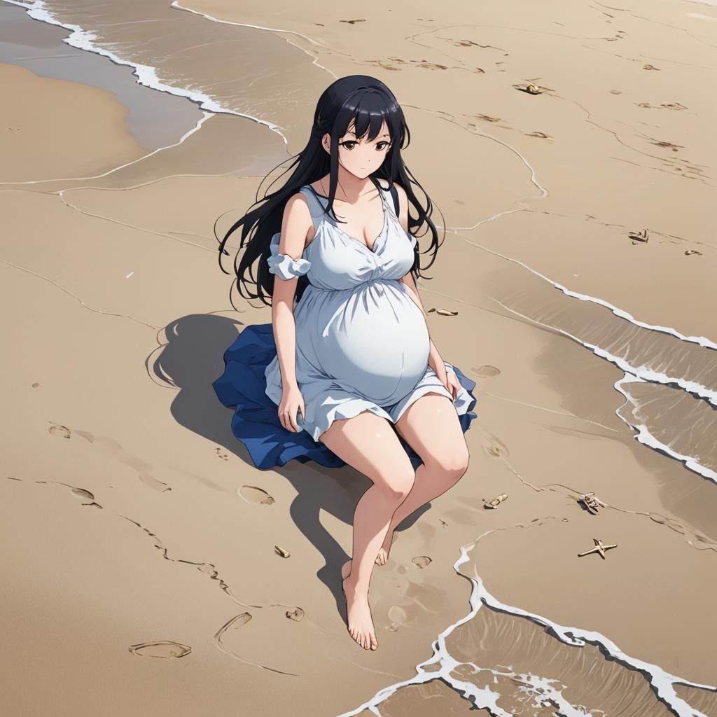 Pregnant Anime Character at Beach in Anime Style
