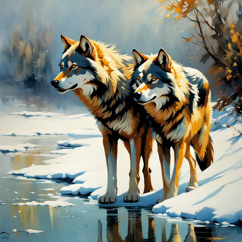 Wolves on Frozen Lake with Gold Paint Strokes