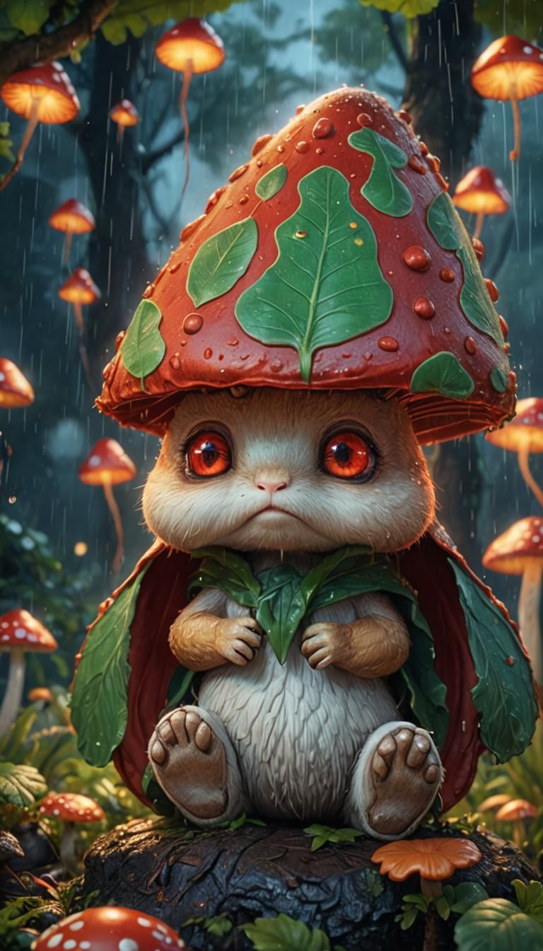 cute redcap mushroom fantasy creature sitting under a leaf umbrella watching the rain fall in awe under the bright night...