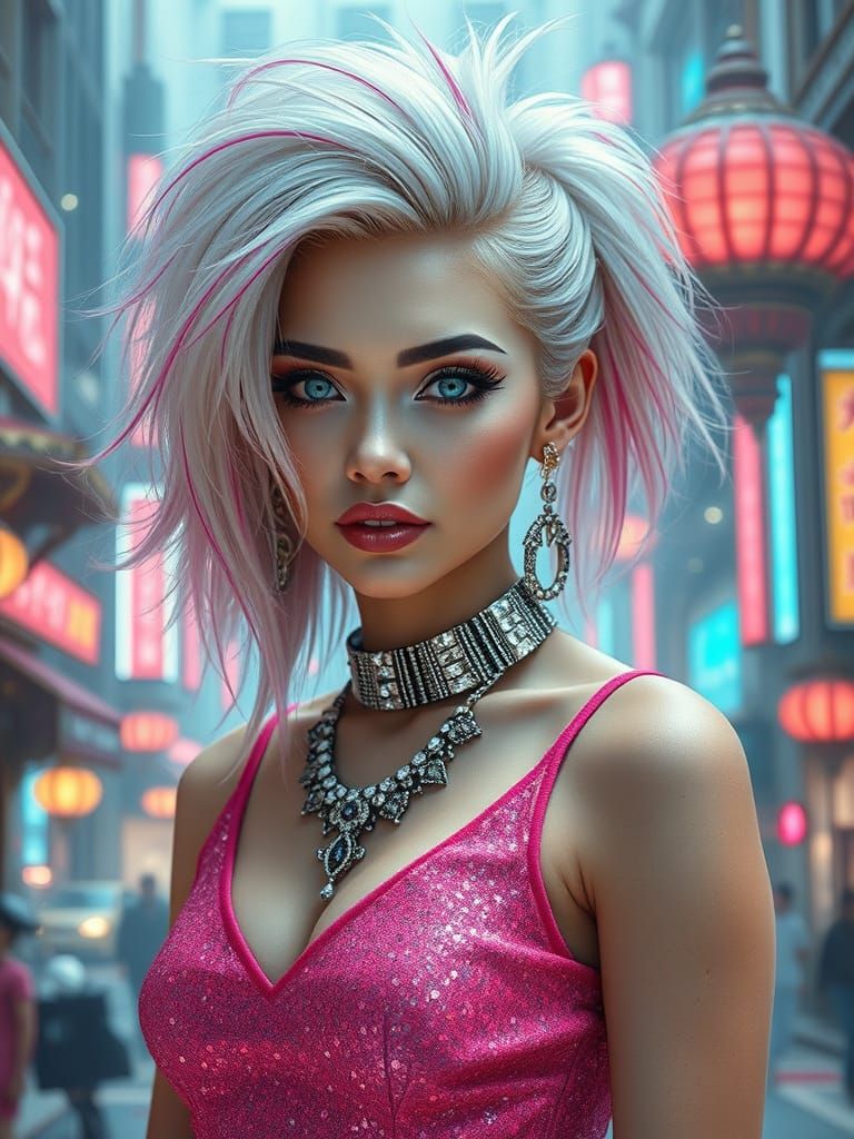 Cyberpunk Lady in Pink Dress with Futuristic Cityscape