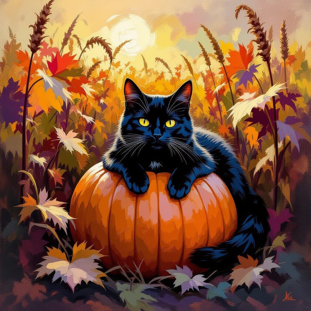 Black Cat in Pumpkin Patch Impressionist Masterpiece