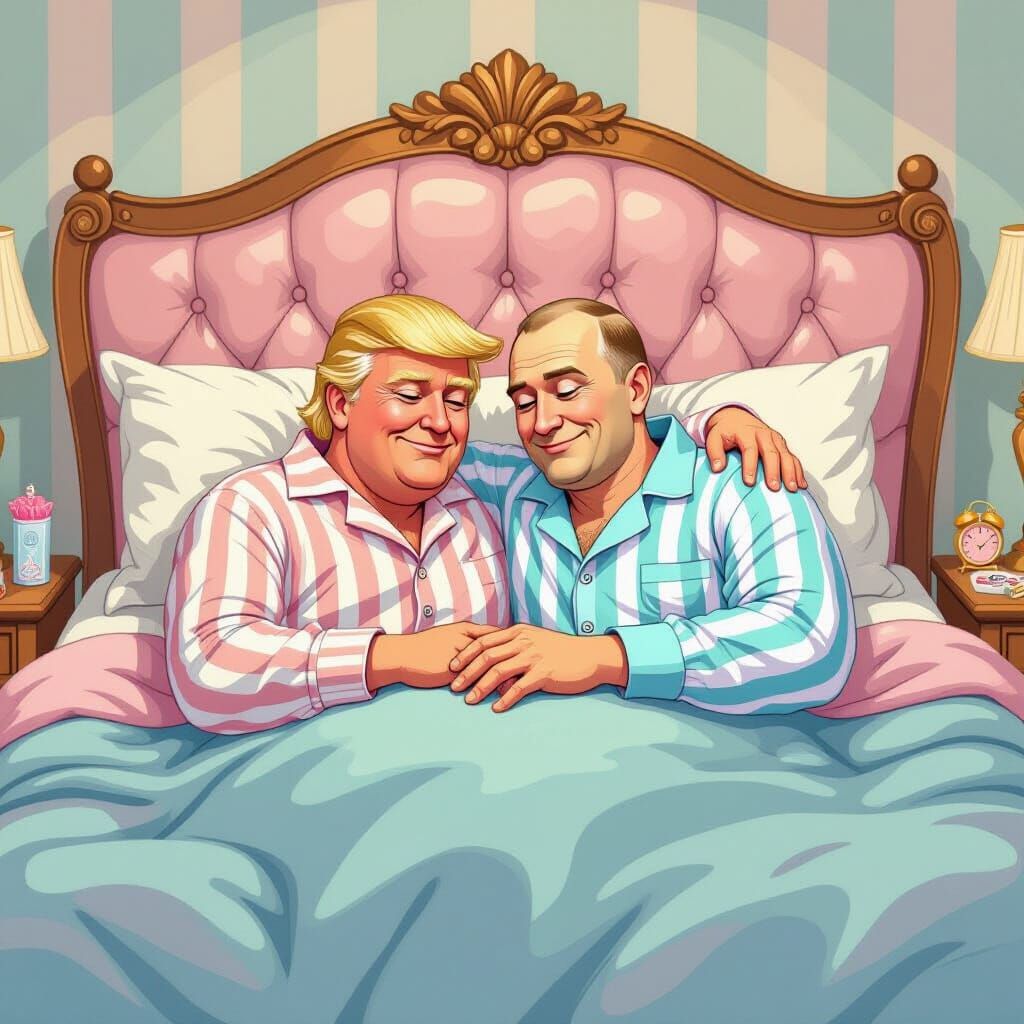 Cartoon Trump and Putin Cuddle in Bed