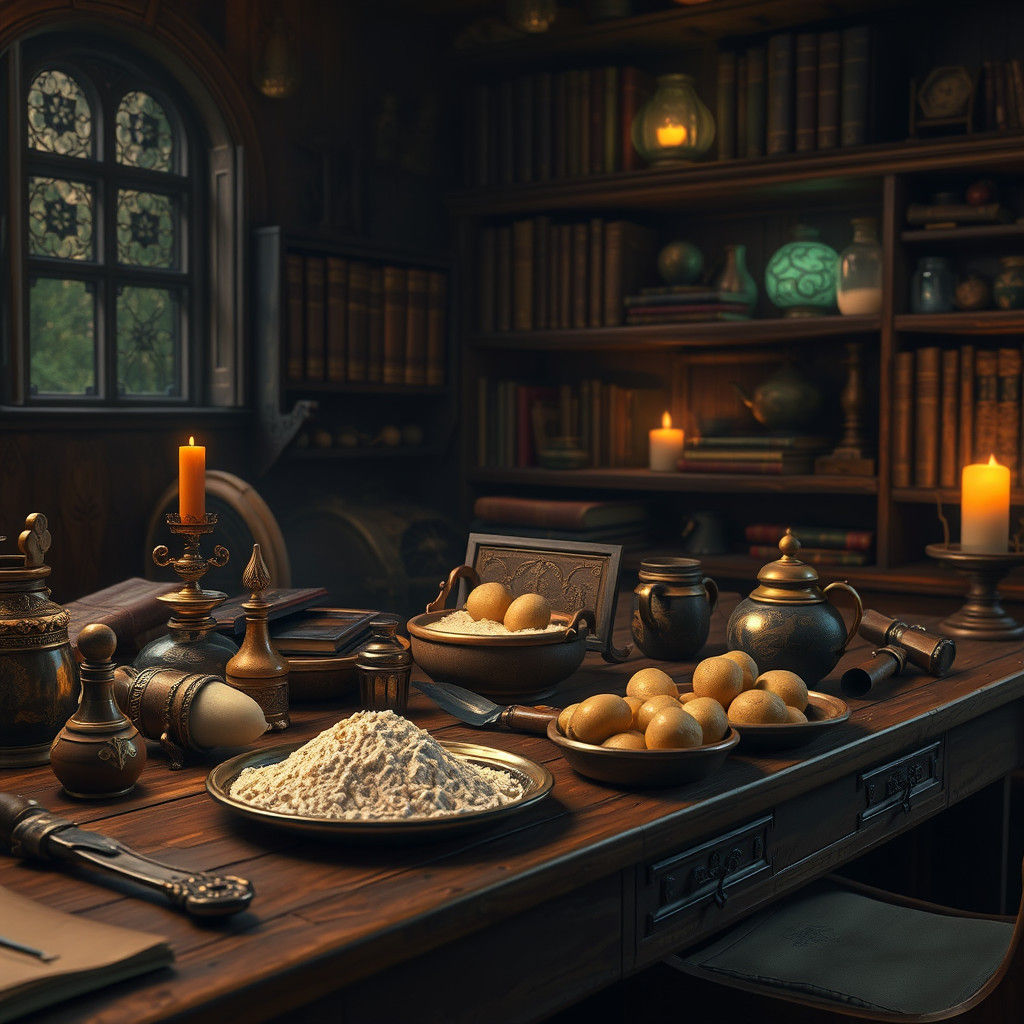 Mystical Apothecary Desk with Golden Butter and Glowing Pota...