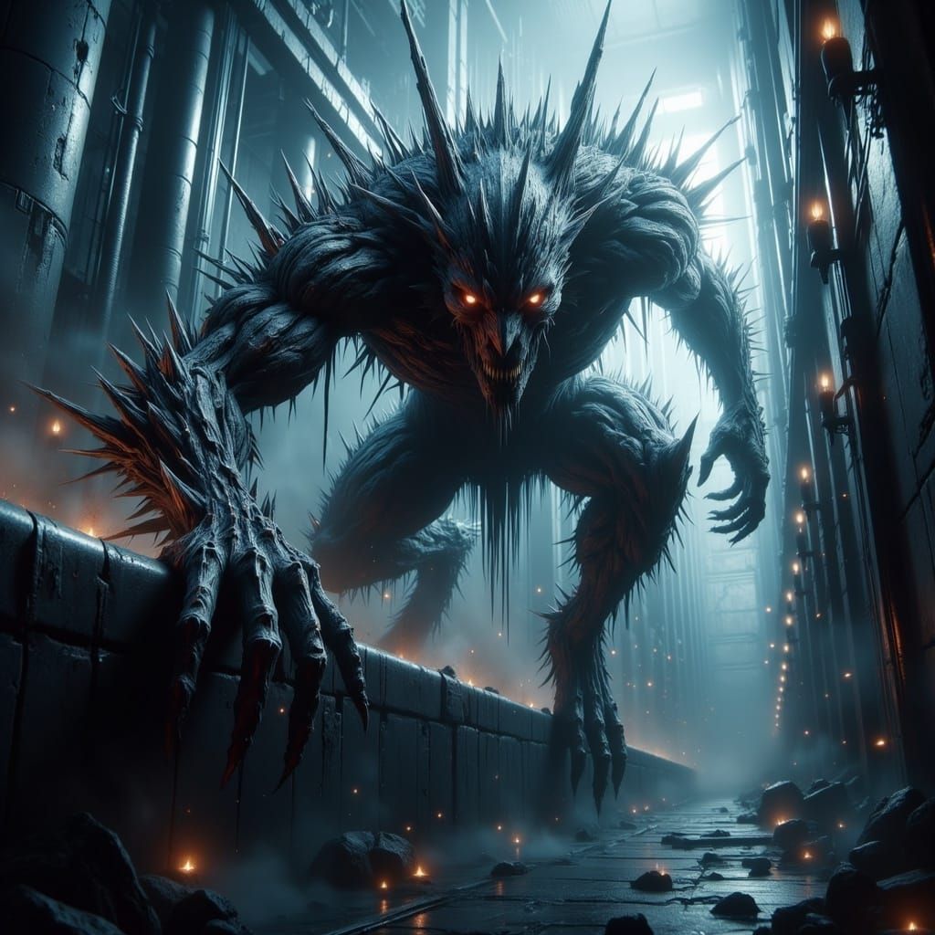 Frightening Biomechanical Creature in Industrial Setting