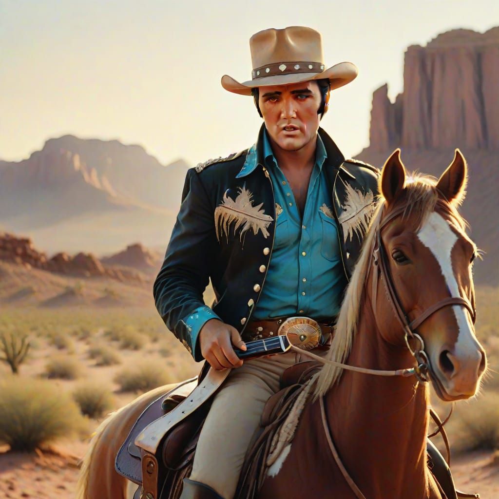 Elvis as Cowboy Rides into Desert Sunset