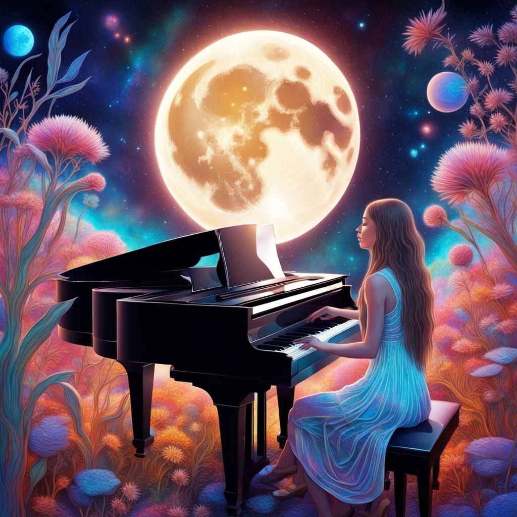 a beautiful girl plays the piano and the moon shines above i...