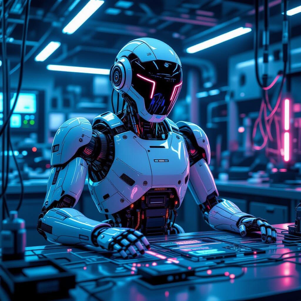 Futuristic Robot in Cyberpunk Laboratory