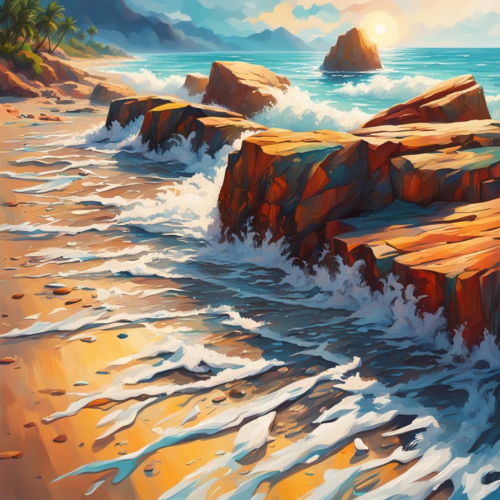 Hyperrealistic Beach Splash Art: Detailed Coastal Scene