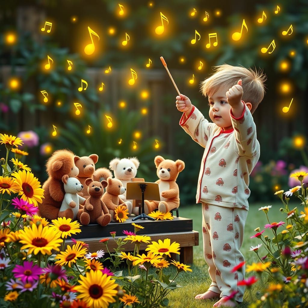 Confident Young Conductor Leads Whimsical Orchestra in Sunny...