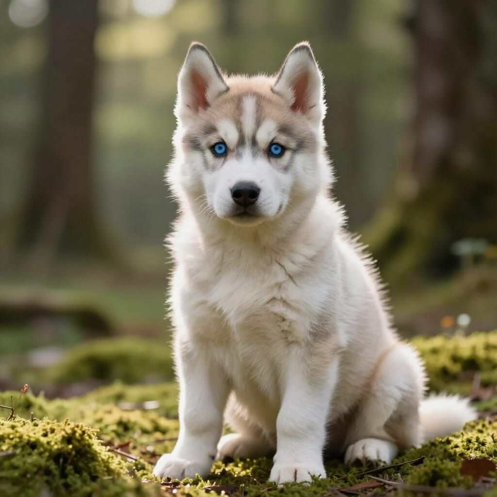 Hyperrealistic Husky Puppy in Sunlit Forest