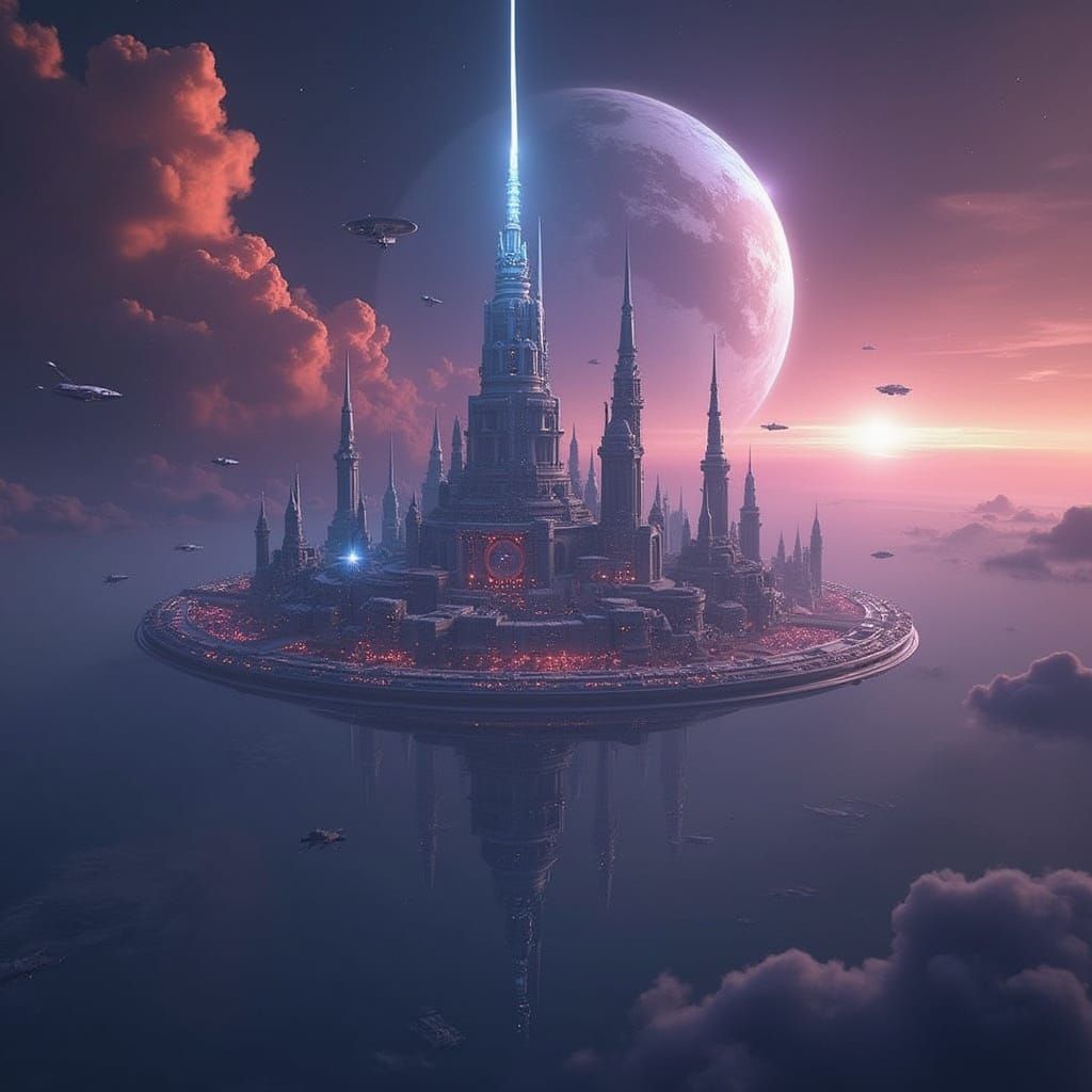 Metallic Planet City with Laser Beam in 3D Style