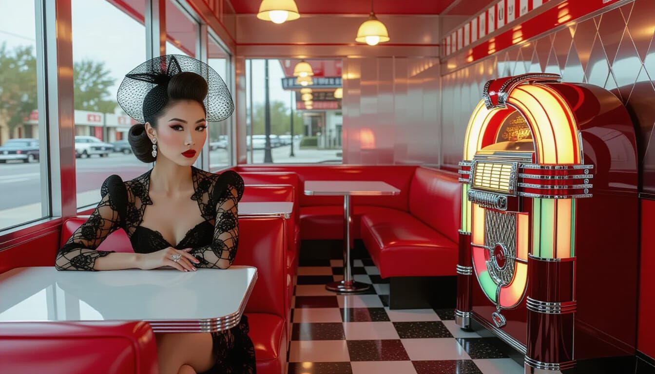Vintage 1960s Diner with Asian Model in 30s Fashion