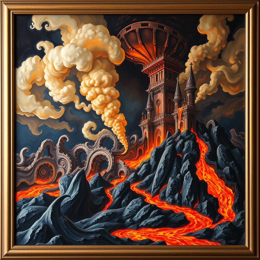 Volcanic Eruption Oil Painting in Gaudí Style