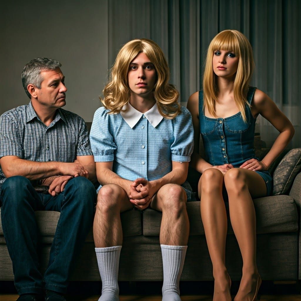 Young Man Embarrassed in 1960s-Style Dress