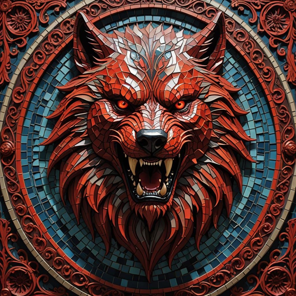 A filigree mosaic of a fierce red werewolf.