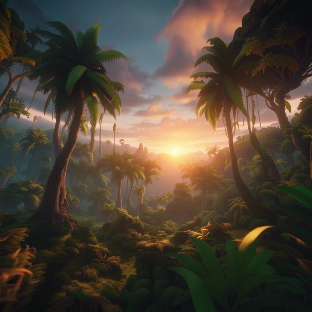 Fairytale Jungle Sunset in 3D Game Style