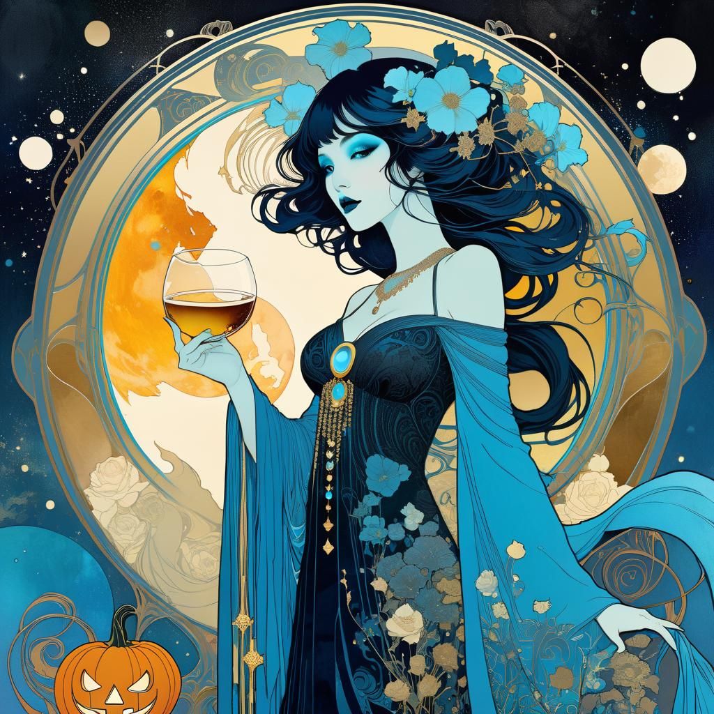 Cosmic Blue Ghost Serenade in Art Nouveau Style