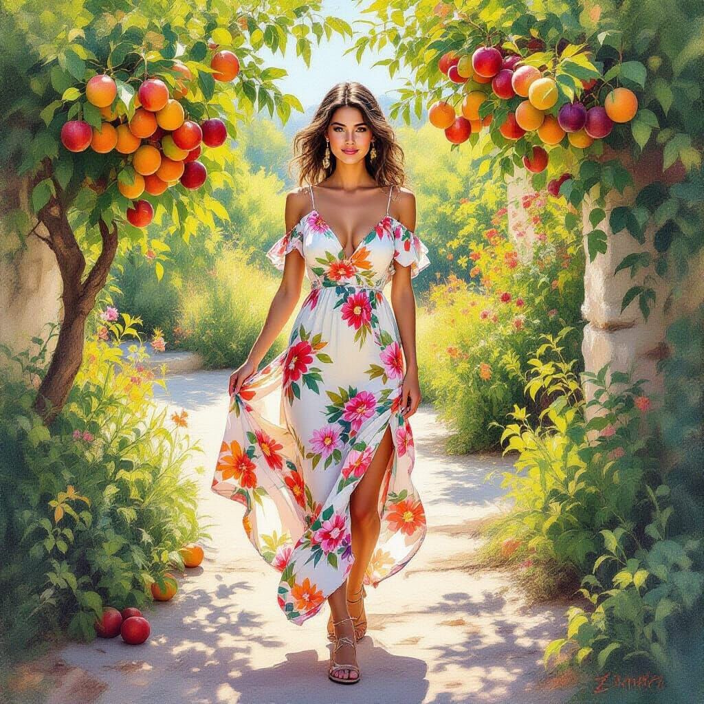 Elena Belova in a Sunny Landscape, Watercolor Style