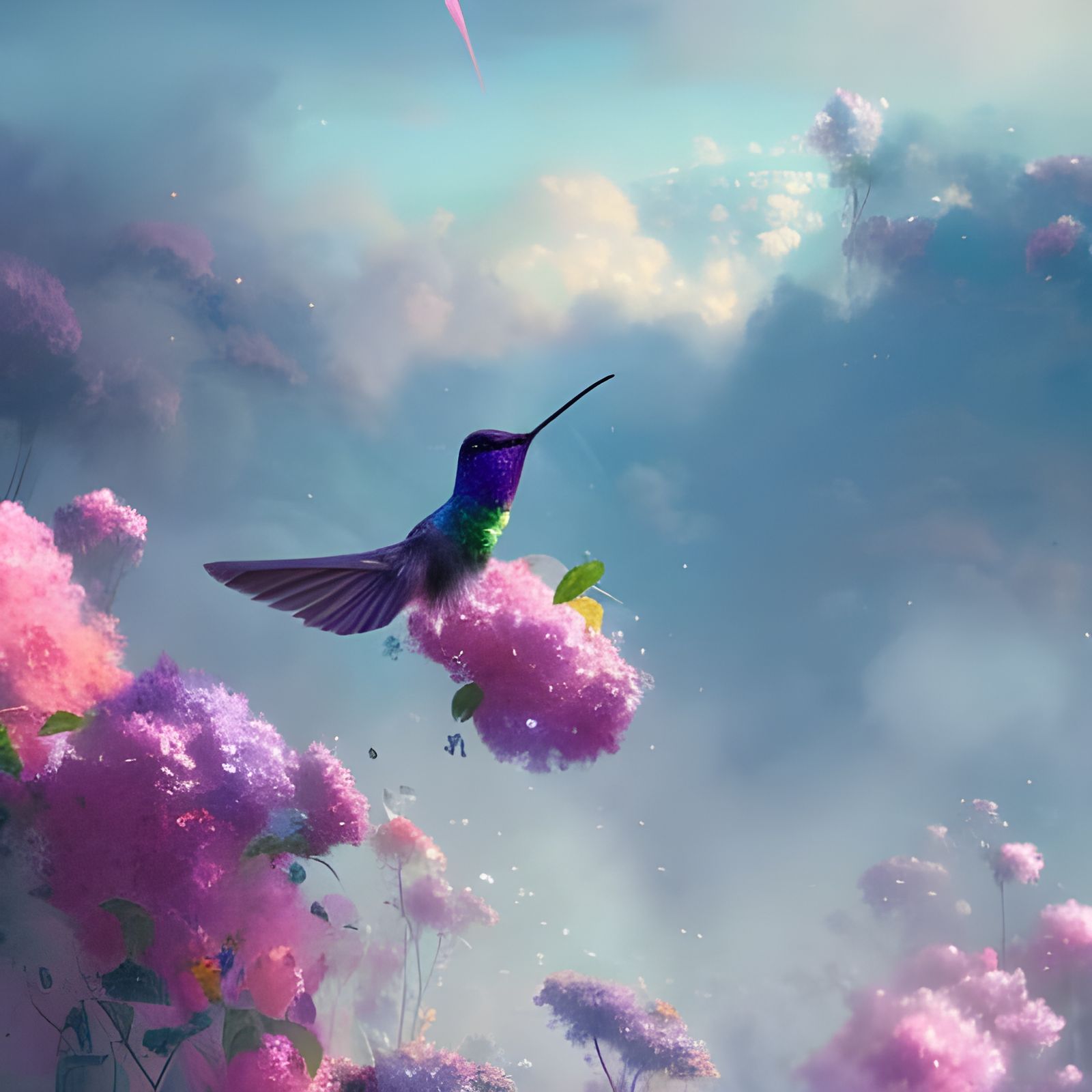 Hummingbird in Pastel Clouds: Whimsical Matte Painting