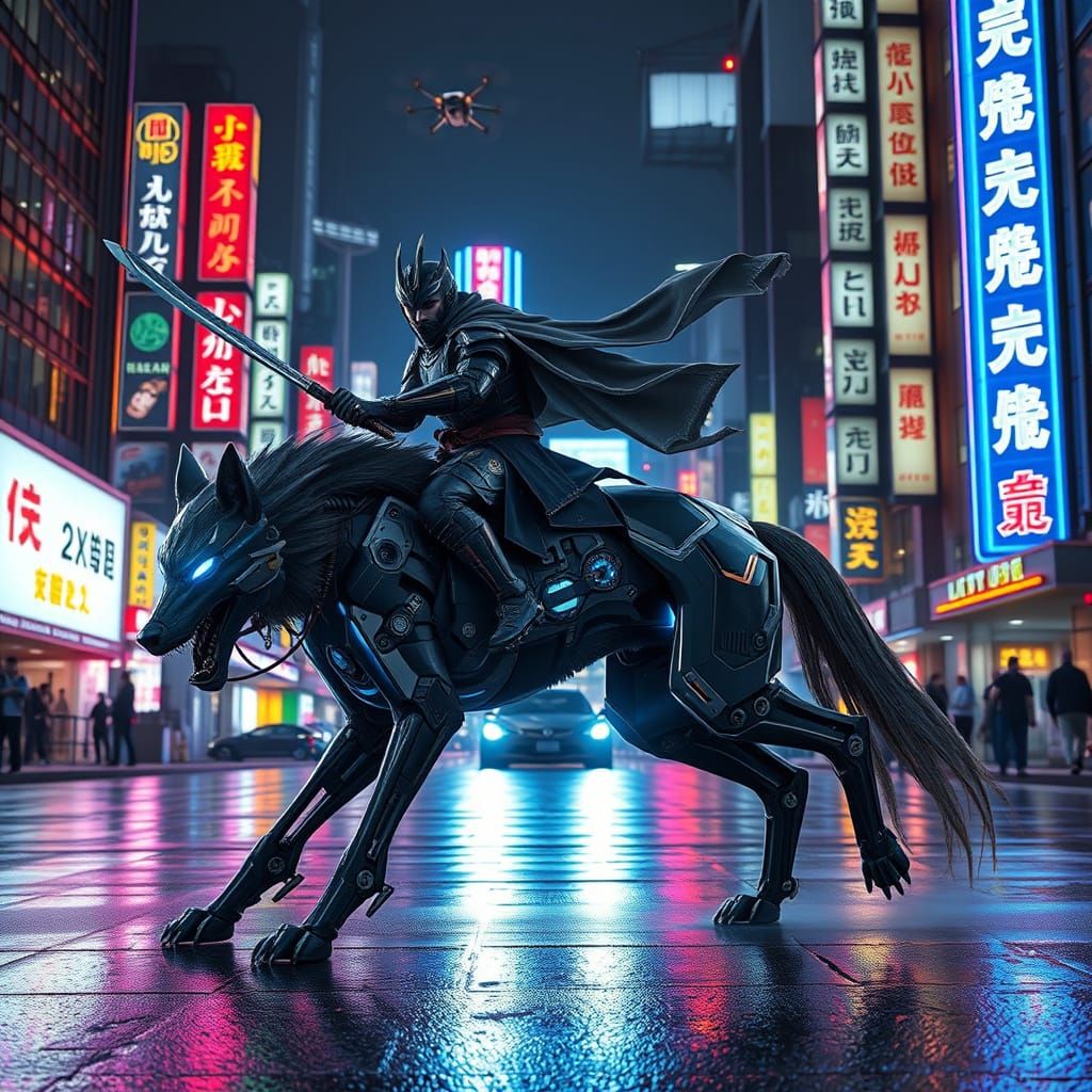 Cybernetic Samurai Rides Cybernetic Wolf Through Neon Tokyo