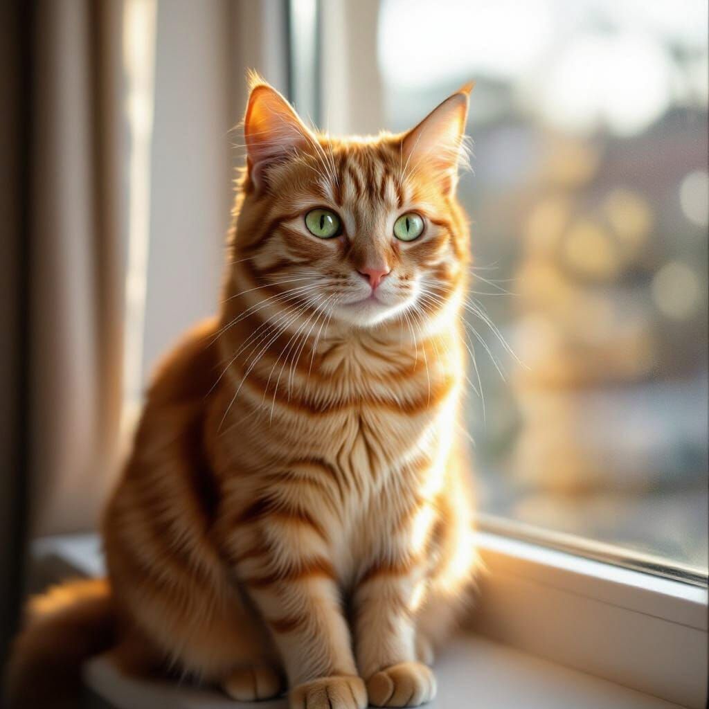 Photorealistic Ginger Cat on Sunlit Windowsill