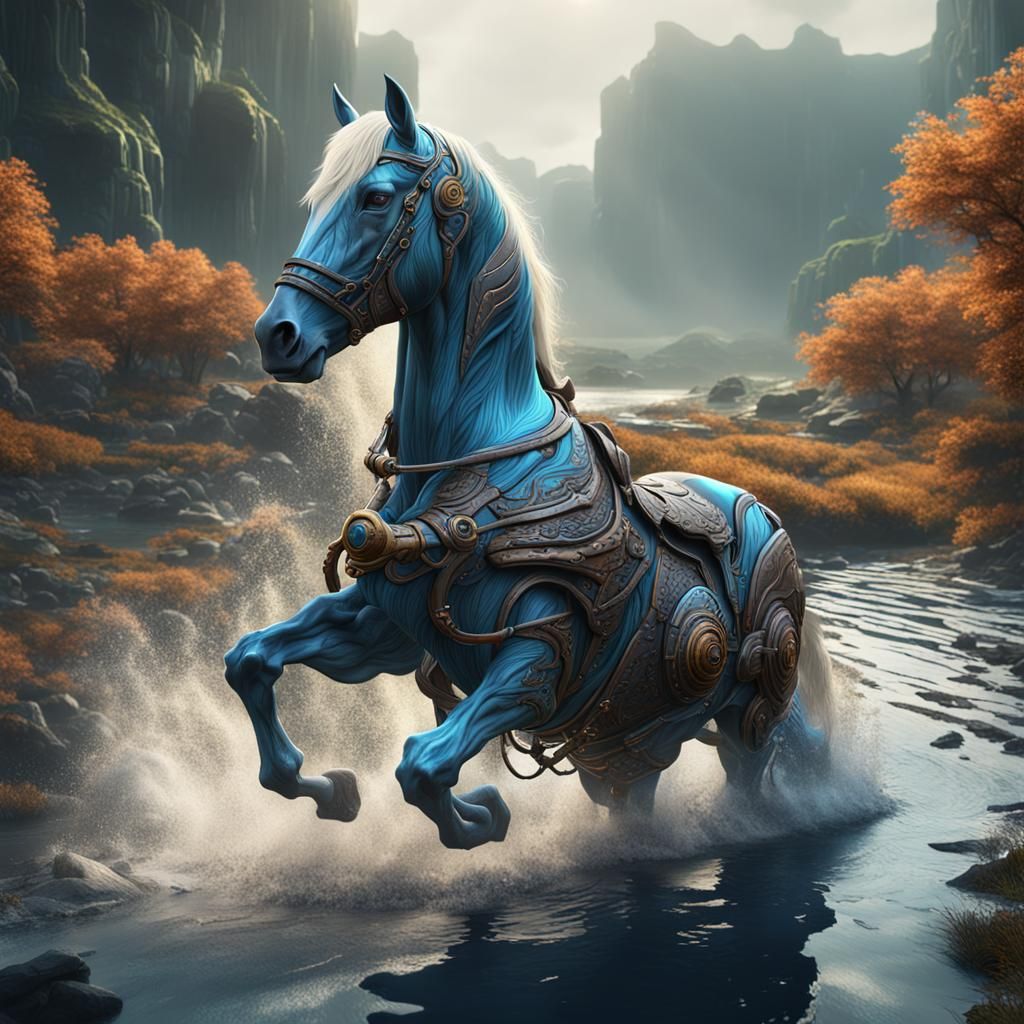 Bionic Horse at Watering Hole: Detailed Digital Art