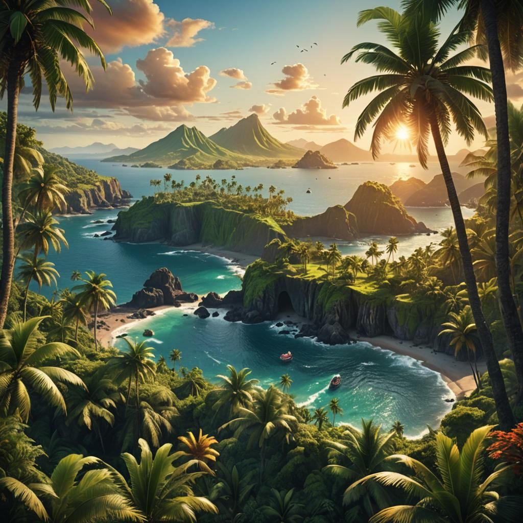 Lush Island Landscape in Digital Matte Painting Style