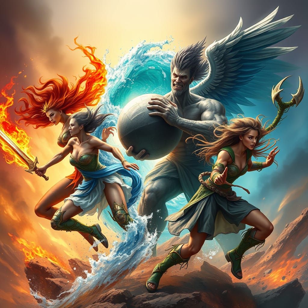 Elemental Warriors Clash in Epic Mid-Shot