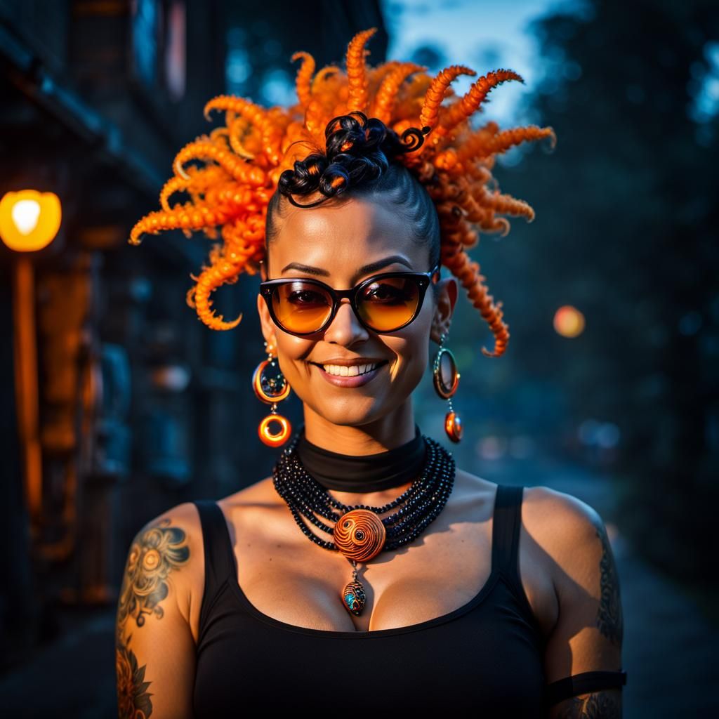 Gothic Punk Cat-Girl with Fireflies in Psychedelic Art