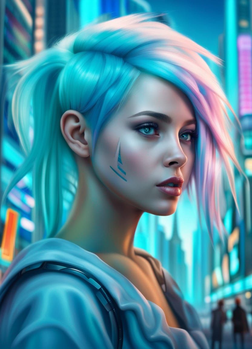 Painter Girl in Futuristic Cityscape with Neon Lights