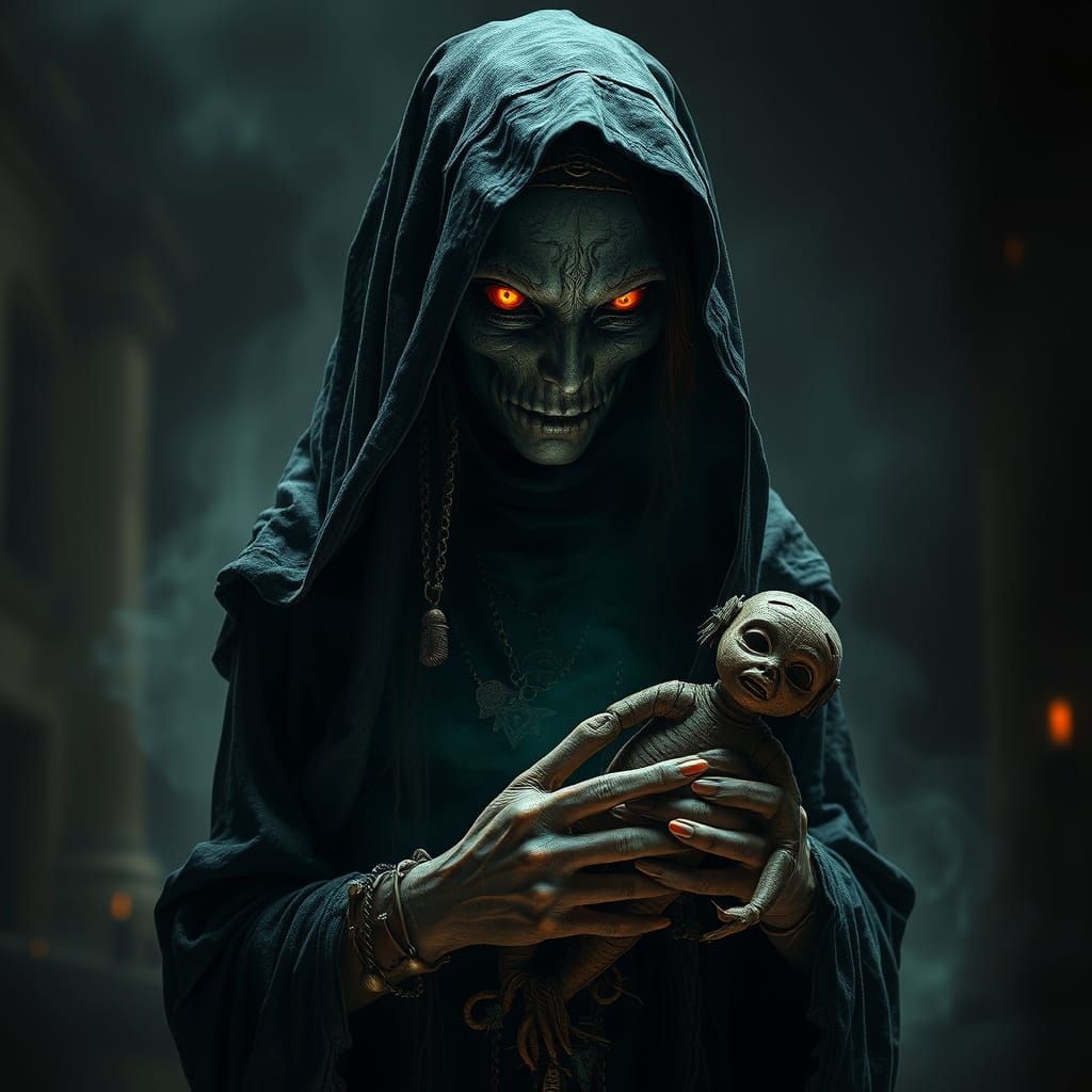 Cursed Voodoo Priestess with Doll in Surreal Style