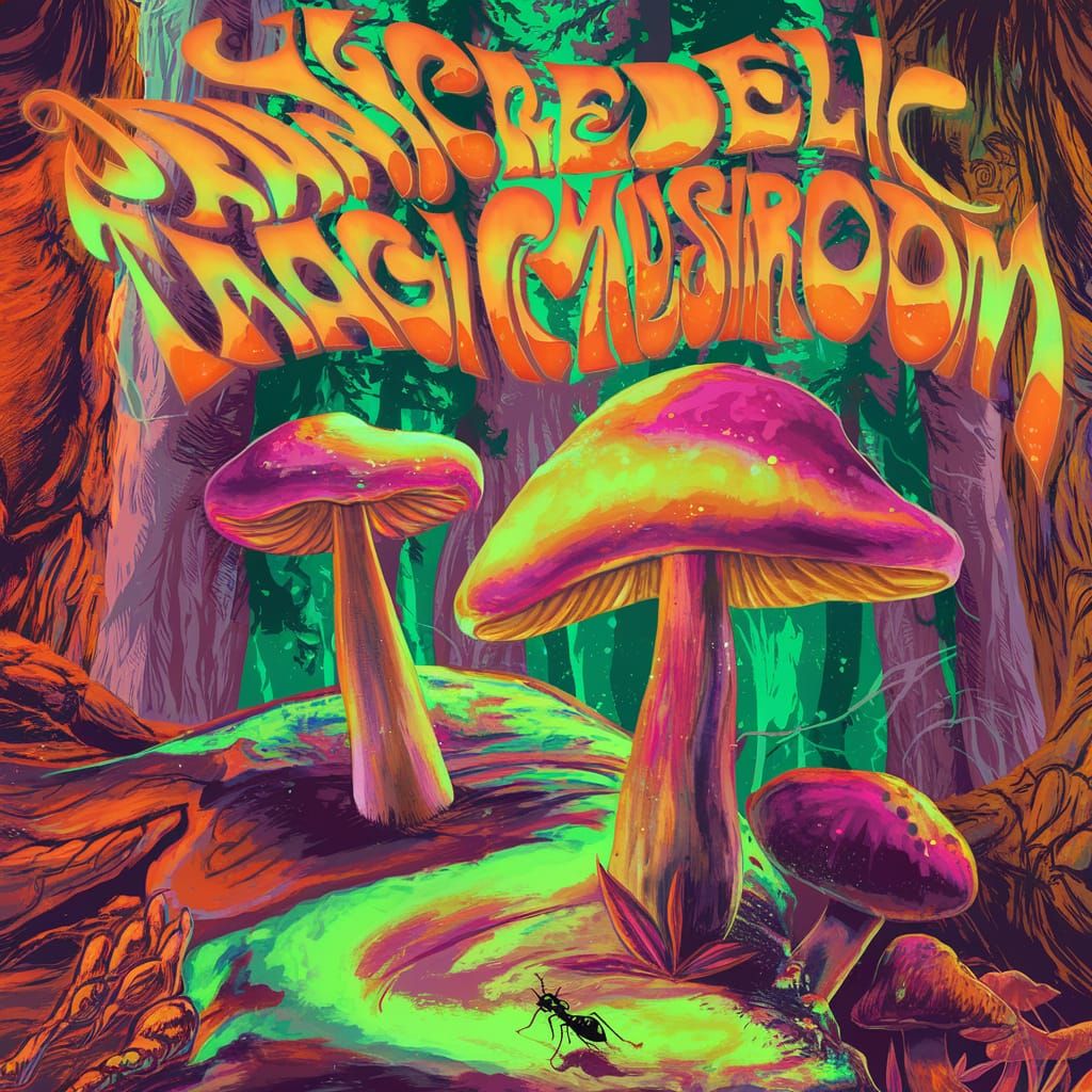 Psychedelic Magic Mushroom and Ant in Vibrant Forest