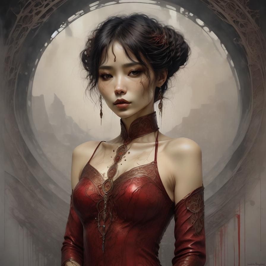 Opulent Asian Woman Portrait in Red Hues