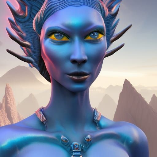 Blue Alien Woman in Detailed Matte Painting