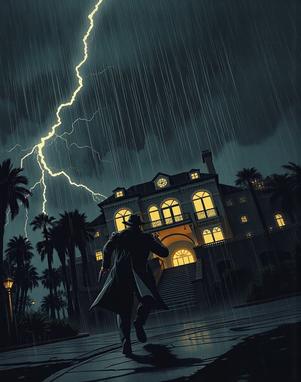 Detective in Noir Comic Style, Lightning Storm