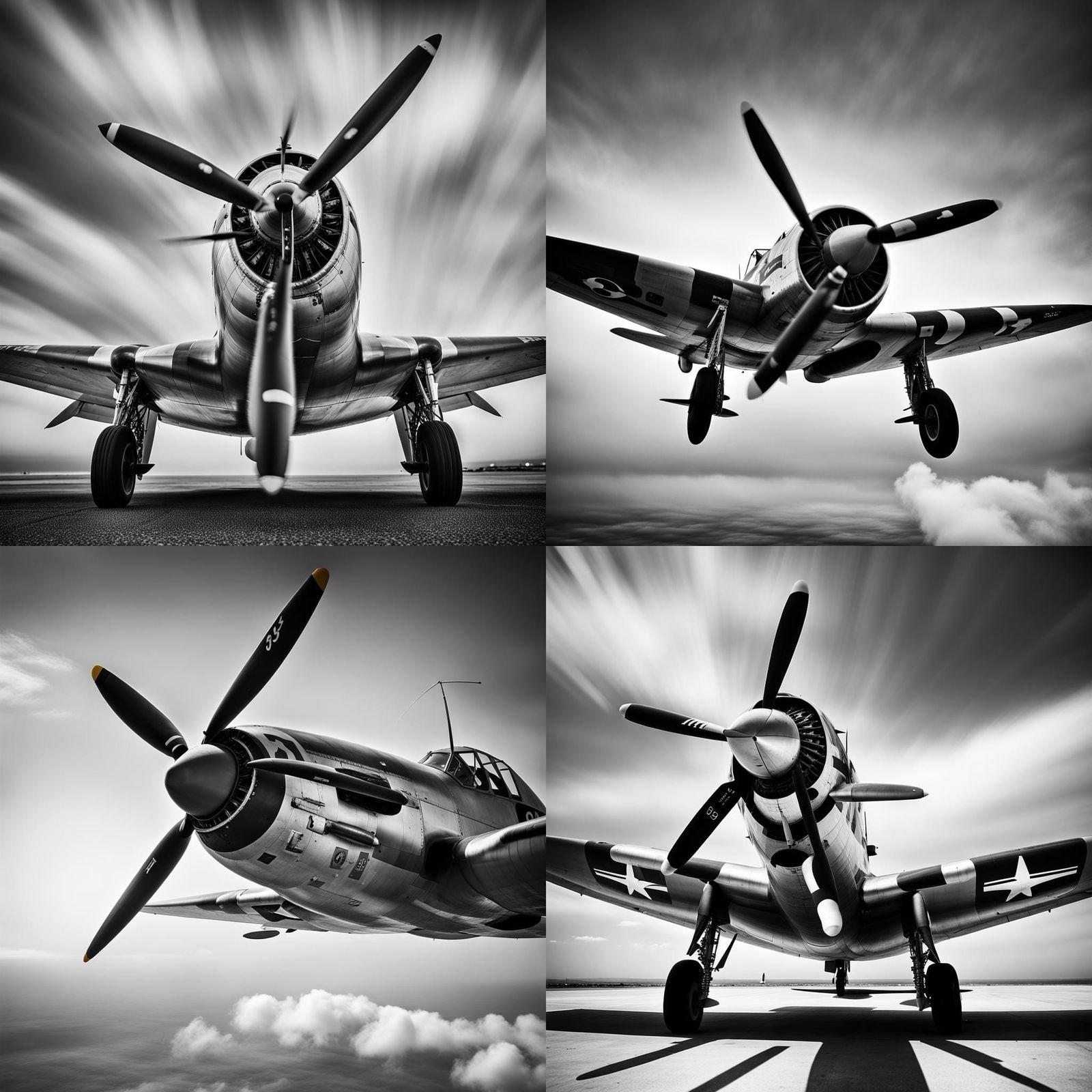 P-47 Fighter Plane in Grayscale, Front View