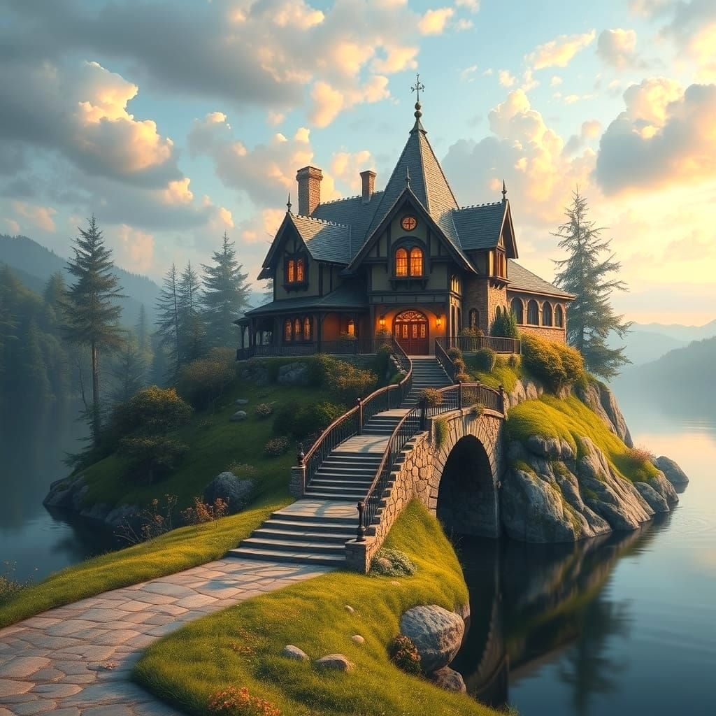 Riverside House on Hill in Detailed Matte Painting Style