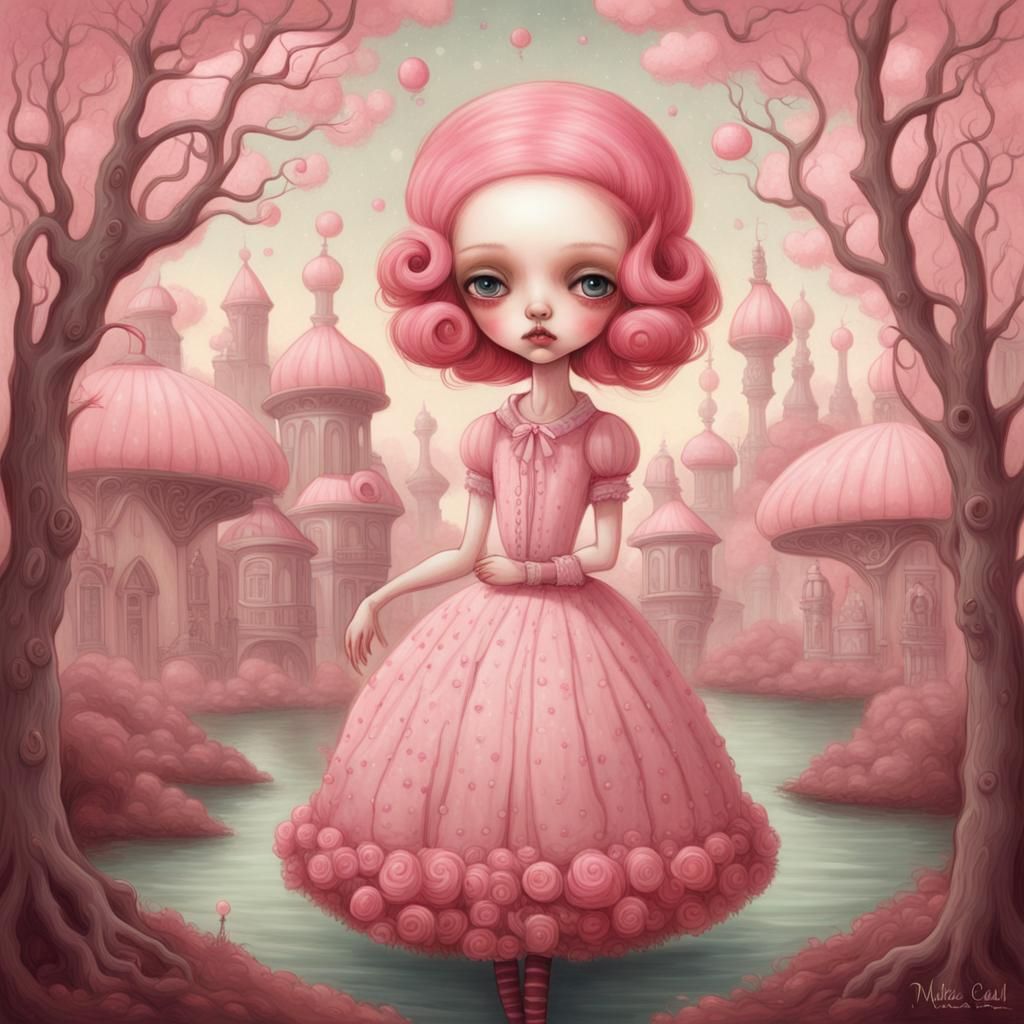 Whimsical Pink Character in Surreal Illustration Style